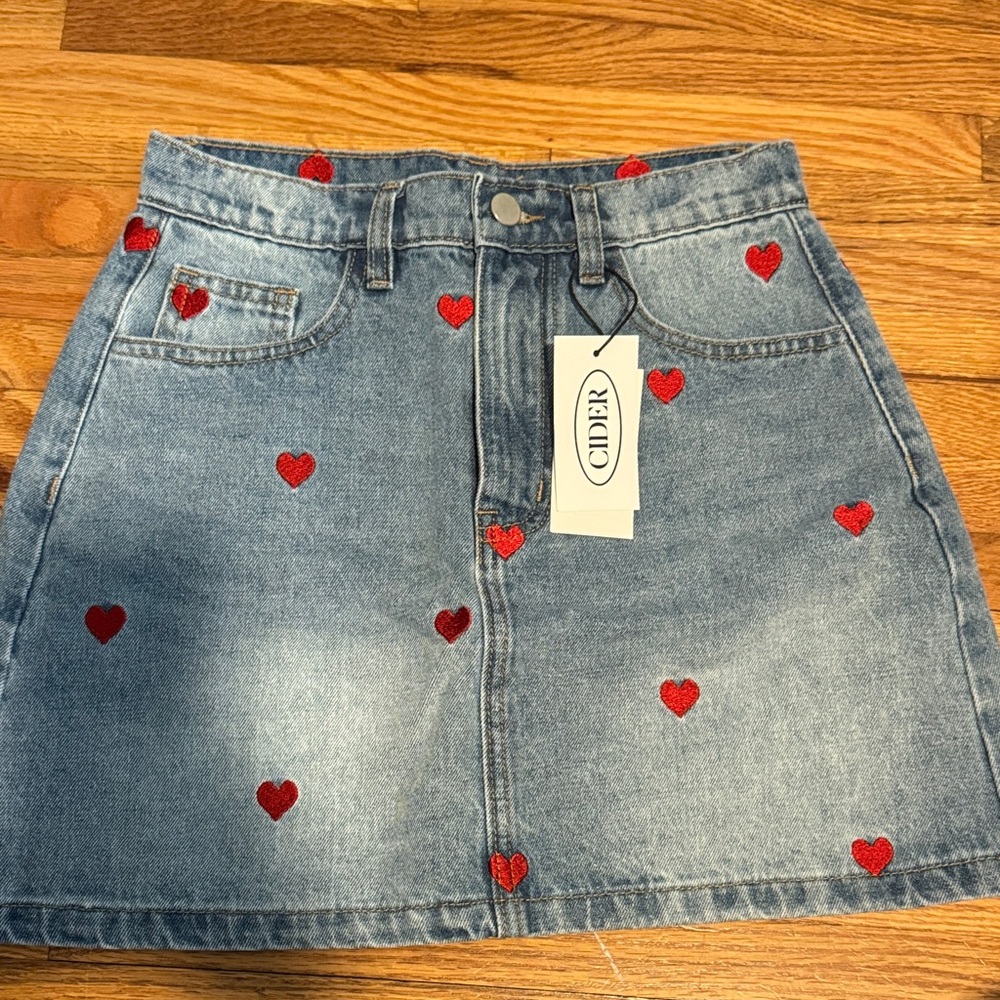 Cider Denim Skirt with Red Heart Accents